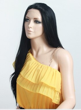 化纤 前蕾丝 黑色直发 长款 假发 24 英寸