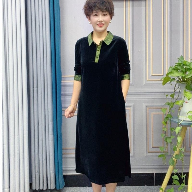 妈妈装秋金丝绒长袖连衣裙中老年女士翻领中长款显瘦遮肚洋气裙子