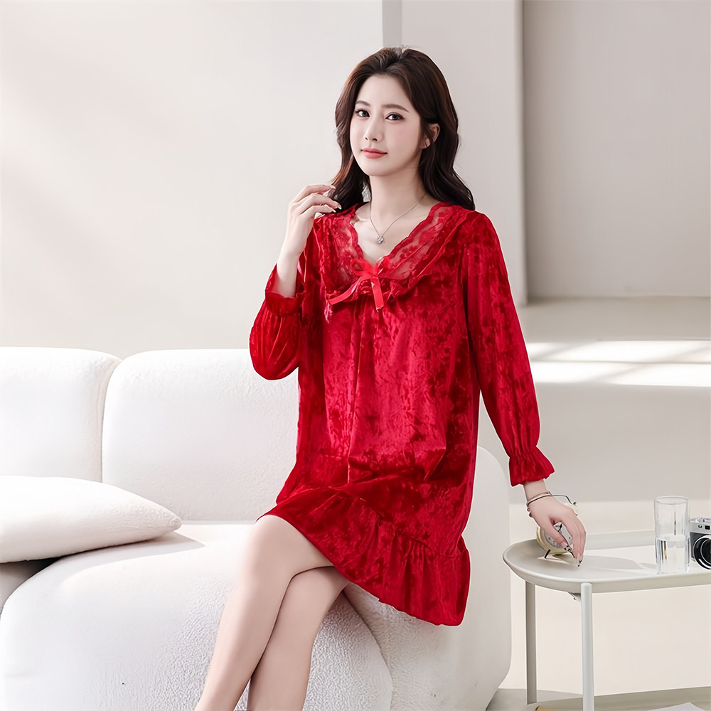 金丝绒睡衣女大码性感睡裙中裙