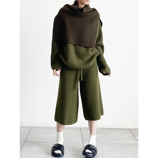 时髦松弛极简圆领坑条7针加厚毛衣高腰阔腿七分裤两件套针织套装