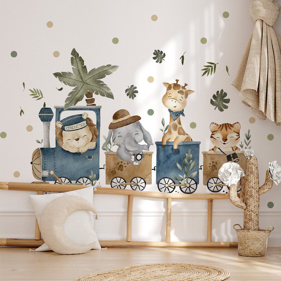 自粘墙贴纸卡通动物小火车图案家居幼儿园儿童房玻璃门窗背景装饰