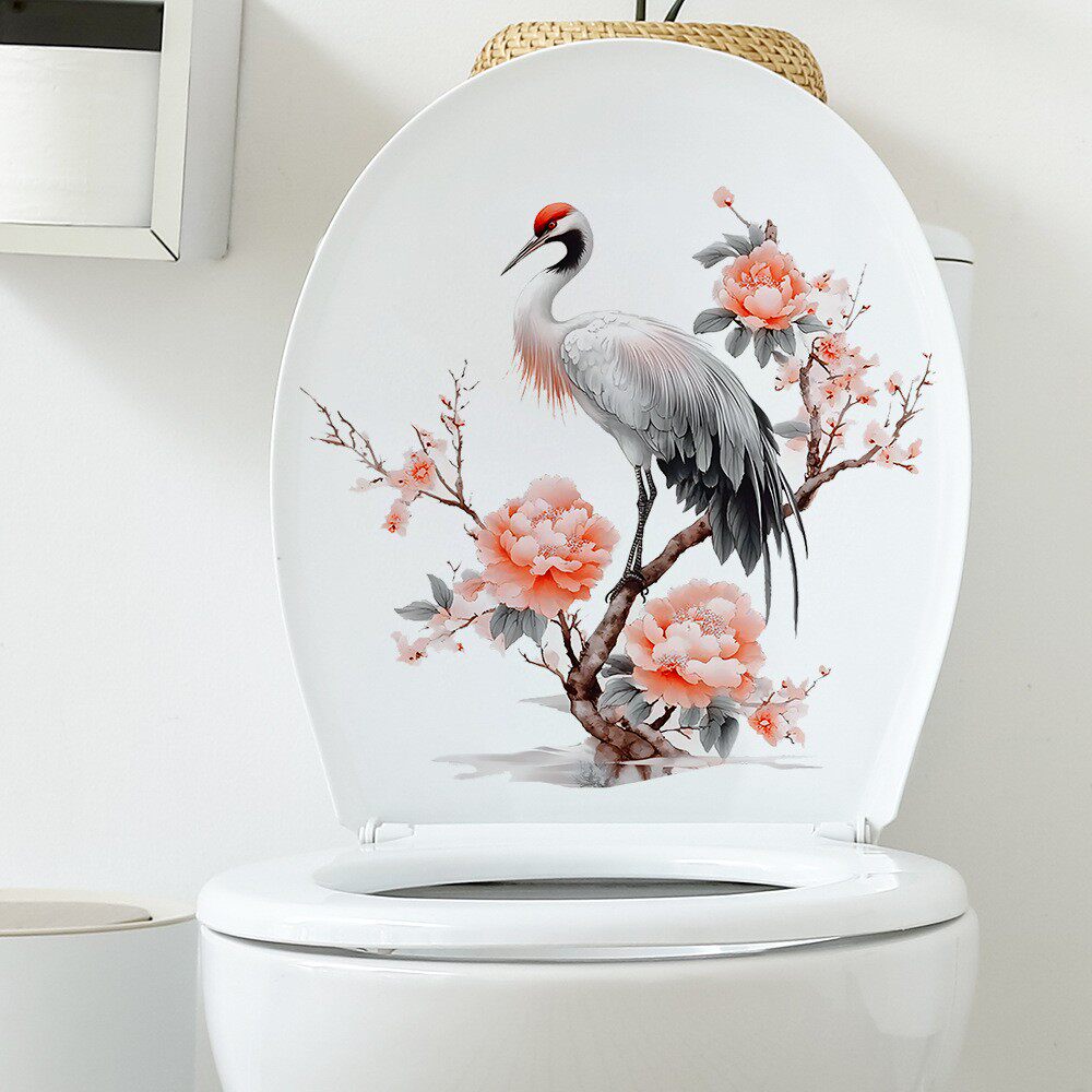 自粘马桶贴纸画防水掀盖贴卫生间洗手间装饰可移除仙鹤牡丹花图案