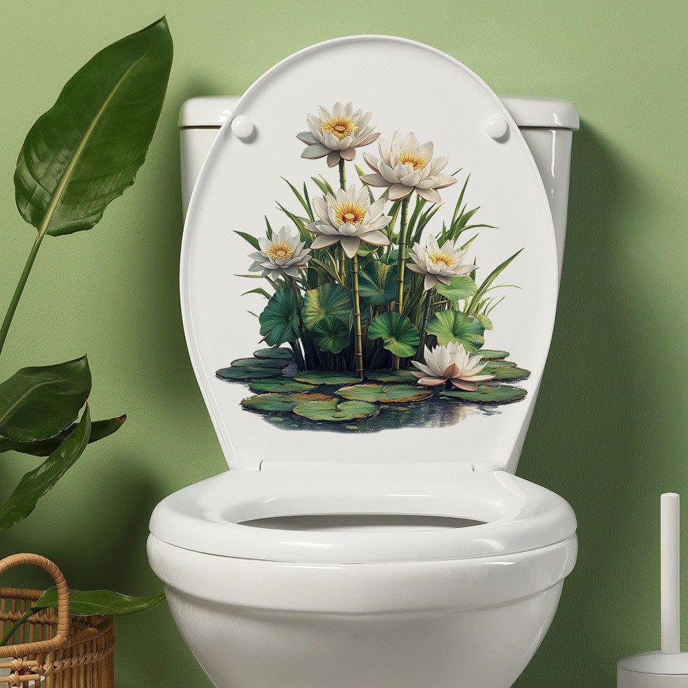 自粘马桶贴纸画防水掀盖贴卫生间洗手间装饰可移除莲花荷叶图案,家居饰品,马桶贴,淘宝优惠券,粉丝福利购,淘宝优惠卷