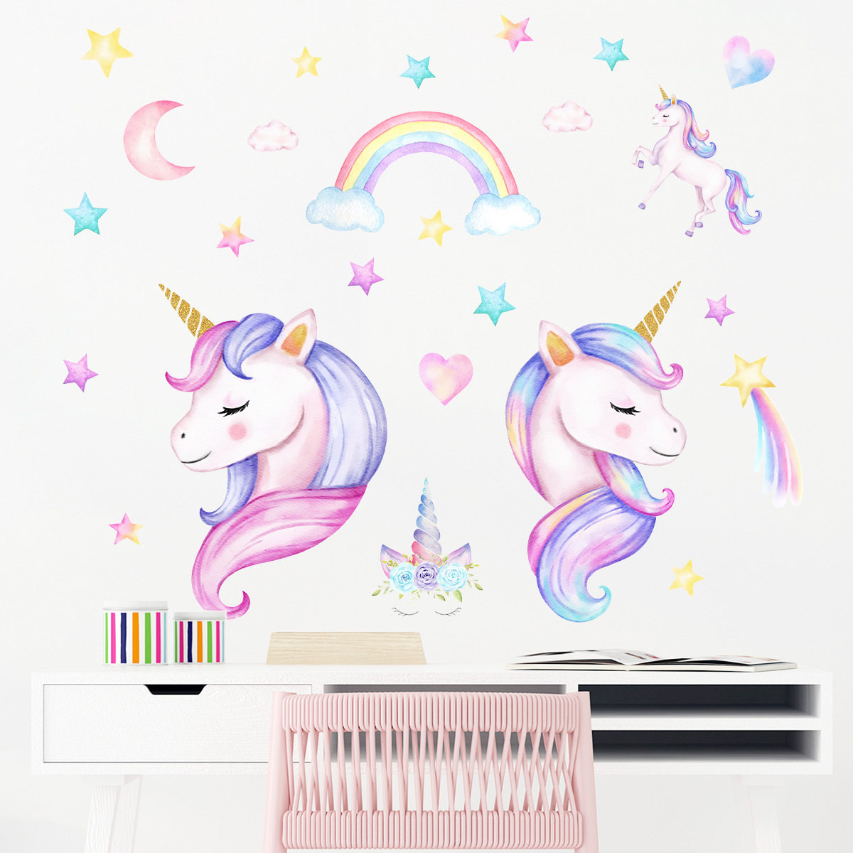 自粘墙贴卡通童话彩虹梦幻独角兽可爱风少女心房间美化装饰贴纸
