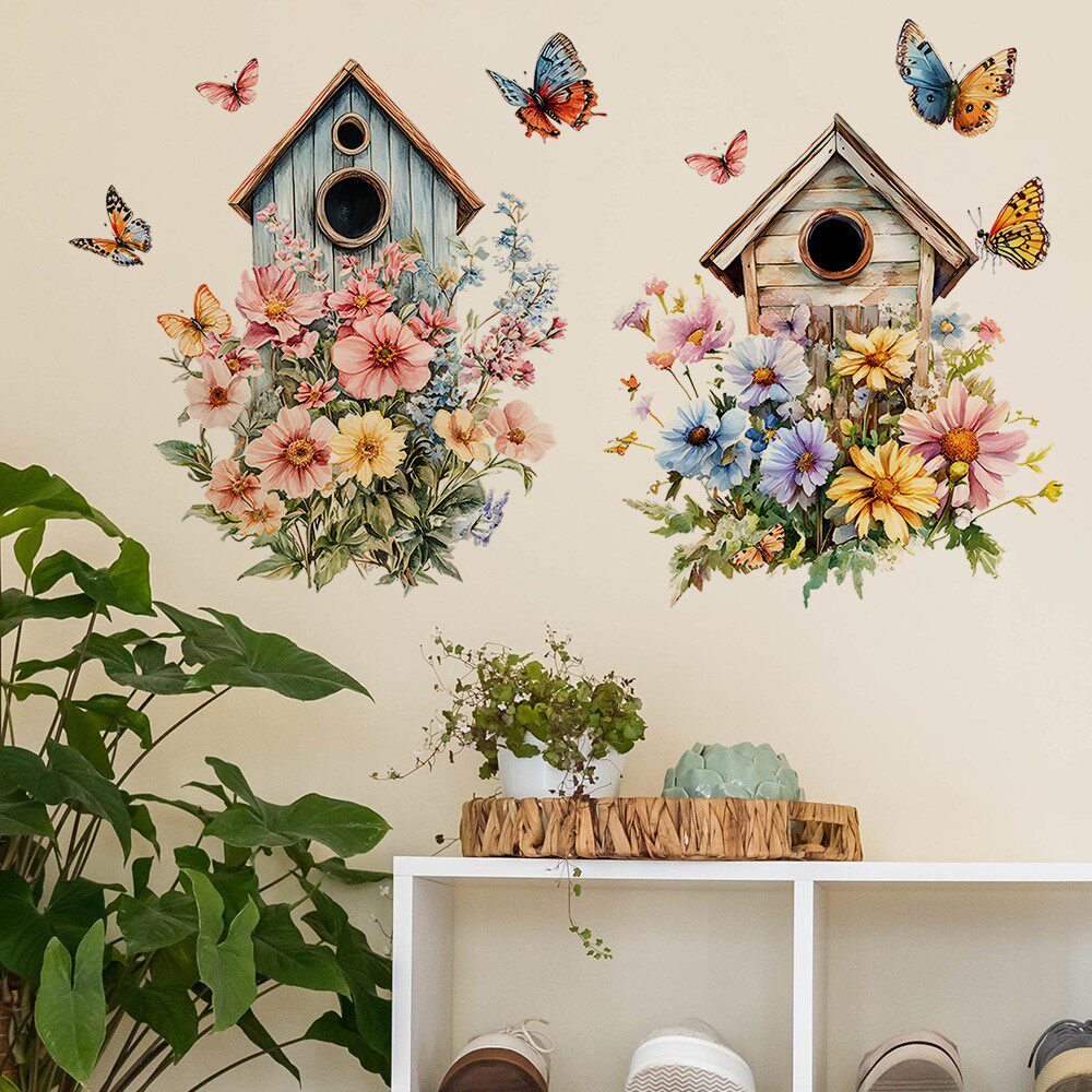自粘墙贴纸卡通鸟窝蝴蝶花朵图案客厅玻璃窗儿童房家居幼儿园装饰