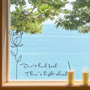 自粘墙贴纸Don look back抽象线条玫瑰ins风治愈系店铺镜子装 饰