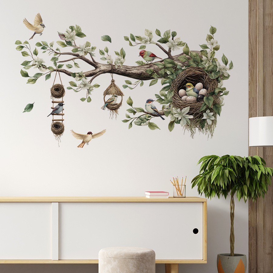 自粘半透墙贴纸卡通树枝鸟窝小鸟蛋图案家居儿童房宿舍幼儿园装饰
