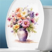 自粘马桶贴纸画防水掀盖贴卫生间洗手间装 饰可移除水彩花朵瓶图案