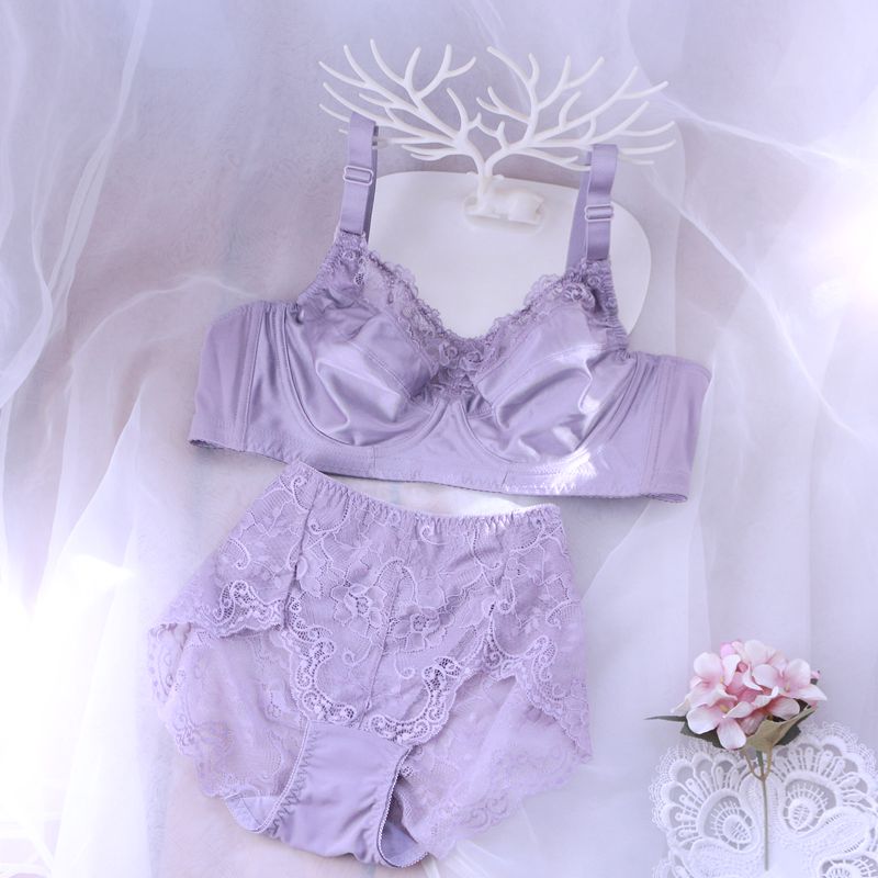 紫色薄款光面套装无痕全罩杯侧收聚拢大码软钢圈内衣托胸防止下垂