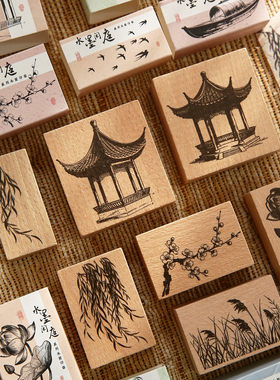 古风造景榉木原创手账印章