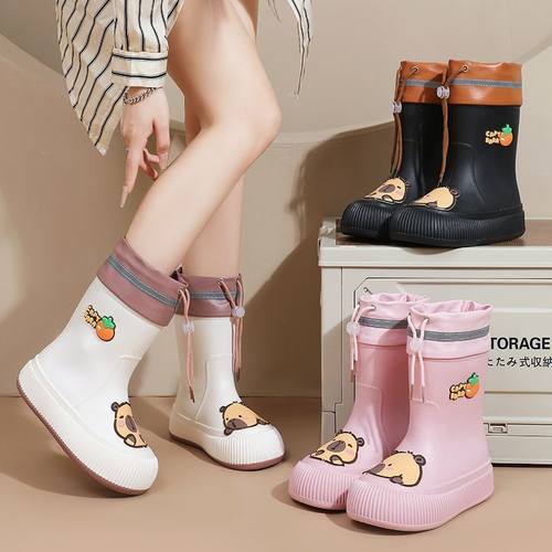 儿童雨鞋卡皮巴拉厚底防滑防水加绒保暖学生幼儿园亲子中筒雨靴女