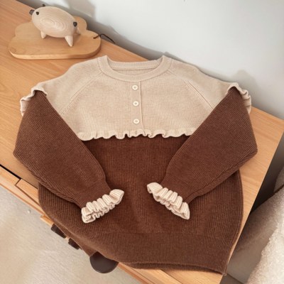 羊保姆【小花袖】100%纯羊毛女童拼色针织上衣