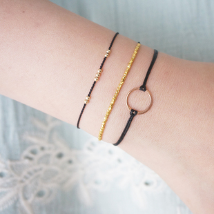 瑞士Vivien 14K纯金小圆珠极细手链黑色真丝细绳情侣手绳 Frank