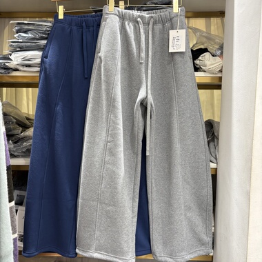 YZ67953松紧腰脚口抽绳加绒阔腿卫裤女高腰宽松垂感休闲直筒裤冬
