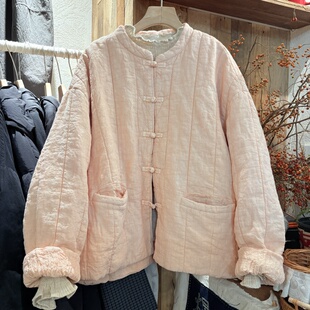 新中式亚麻棉服女2025冬款粉色盘扣宽松禅意夹棉上衣复古显白外套