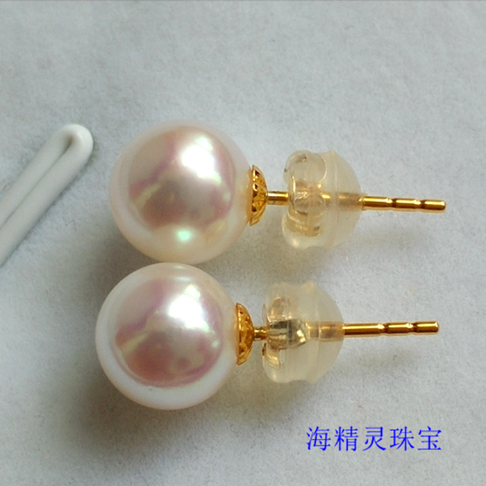 18K黄金日本akoya耳钉基础款气质强光正圆白透粉海水珍珠耳环耳饰
