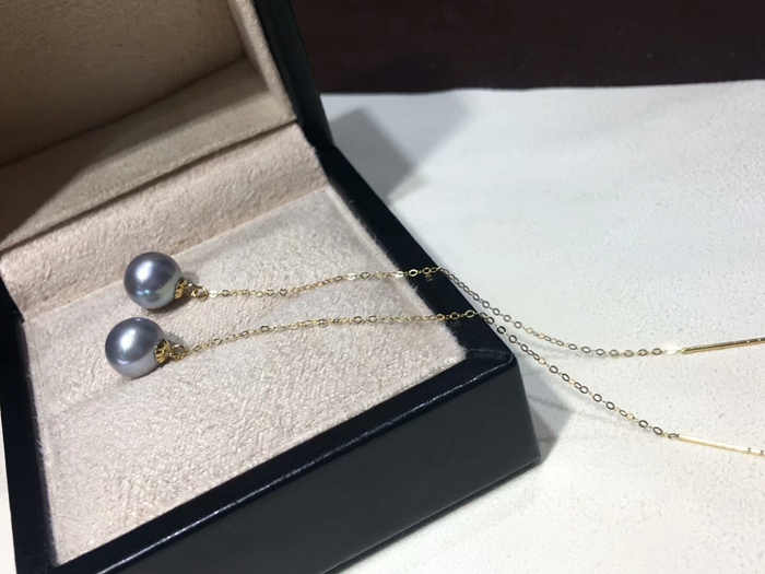 日本AKOYA真多麻耳线18K黄金流苏长款正圆蓝灰海水珍珠耳饰耳环女