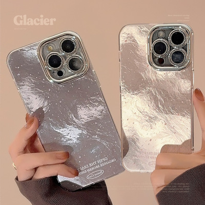 粉紫渐变冰川纹手机壳适用14苹果15promax镜头膜iphone16硬12闪粉
