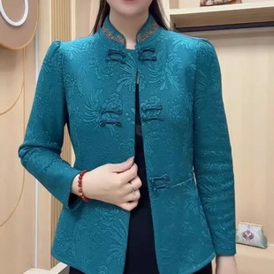 新款中老年妈妈提花加绒保暖上衣国风盘扣改良旗袍开衫修身外套女