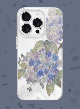 无尽夏~文艺蓝绣球花适用iPhone16/15promax手机壳红米K70羽纱vivos18华为mete60小米14一加ACE3高级oppoa72