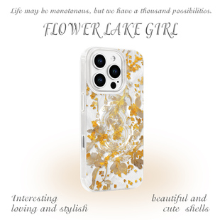 17promax手机壳红米K70羽纱vivoX100华为mete60小米15一加ACE3苹果14 金色落花适用iPhone15 中式 繁花