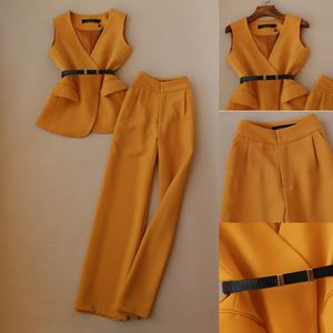 包邮2023春秋新款时尚套装女韩版名媛V领马甲+高腰直筒阔腿裤长裤