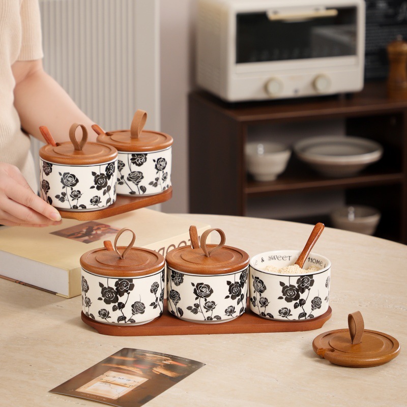 进口高颜值黑玫瑰调料罐厨房调料盒陶瓷调味罐盐罐家用调料瓶香料