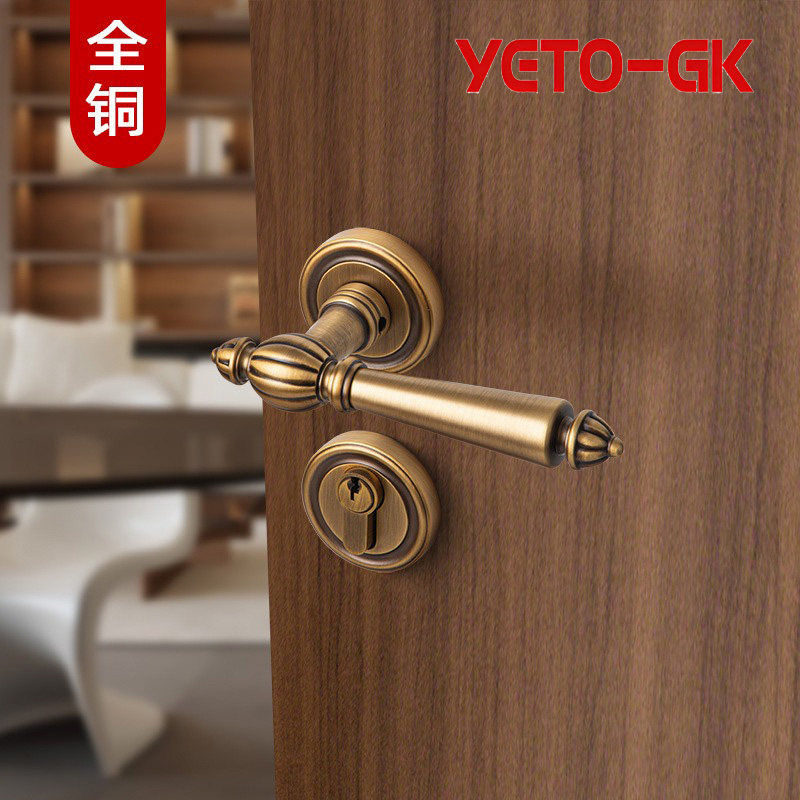 YETO-GK静音分体锁具机械门锁全铜暗装房门锁黄铜法式木门南瓜锁