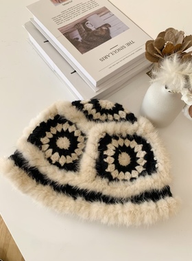 薇儿卡皮草手工钩花水貂毛盆帽米杏色黑白国风醒狮帽