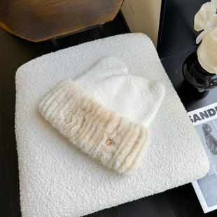 明星款 秋冬女可爱猫咪耳朵水貂毛包头兔绒羊毛针织旅游小圆帽 新品