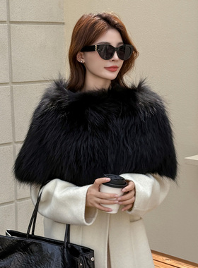 薇儿卡皮草冬季大衣外搭黑色狐狸毛套头弹力礼服斗篷披肩大毛领