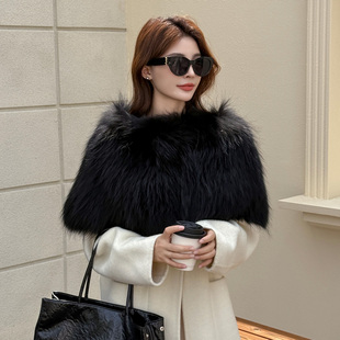 薇儿卡皮草冬季大衣外搭黑色狐狸毛套头弹力礼服斗篷披肩大毛领