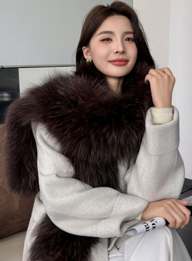 薇儿卡巨好看的狐狸毛双色咖啡狐秋冬大衣搭配毛领长围巾围脖披肩