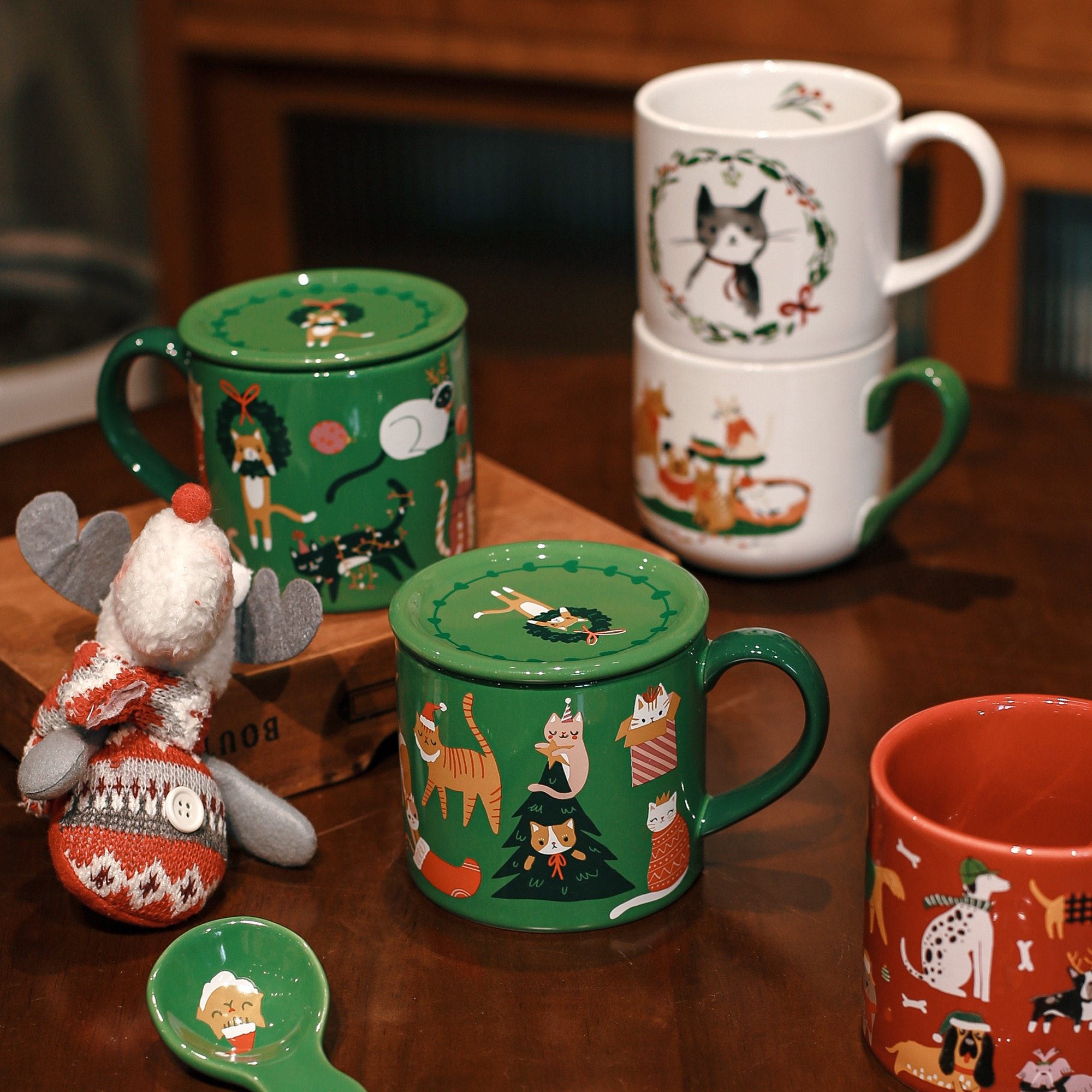 圣诞汪汪季。创意插画釉下彩高温贴花陶瓷杯咖啡杯马克杯圣诞礼物,餐饮具,马克杯,淘宝优惠券,粉丝福利购,淘宝优惠卷