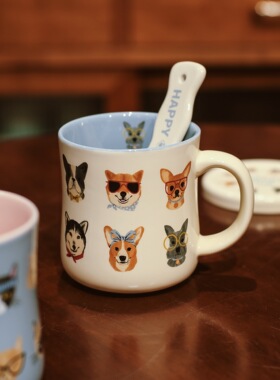 一杯汪。ins风创意小狗插画釉下彩高温贴花陶瓷把手杯带盖咖啡杯