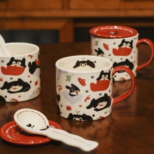 pupupu ins风可爱卡通釉下彩高温贴花陶瓷把手杯咖啡杯马克杯