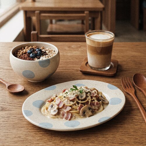 奶油风手作粗陶手绘波点陶瓷餐具
