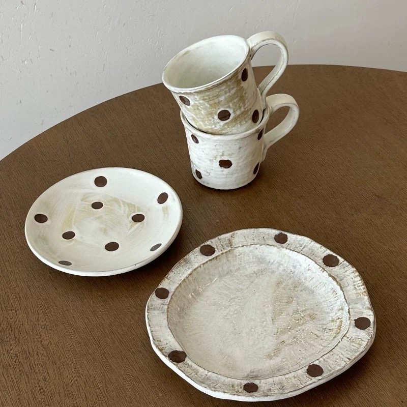 波点界界。复古做旧创意波点手作粗陶高温烧制陶瓷碗盘咖啡杯套装,餐饮具,盘,淘宝优惠券,粉丝福利购,淘宝优惠卷