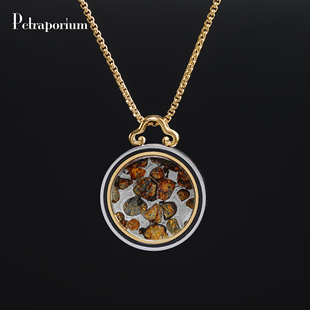 正品【星冕】 镶嵌天然肯尼亚石铁橄榄陨石圆形吊坠 宇宙星星饰品