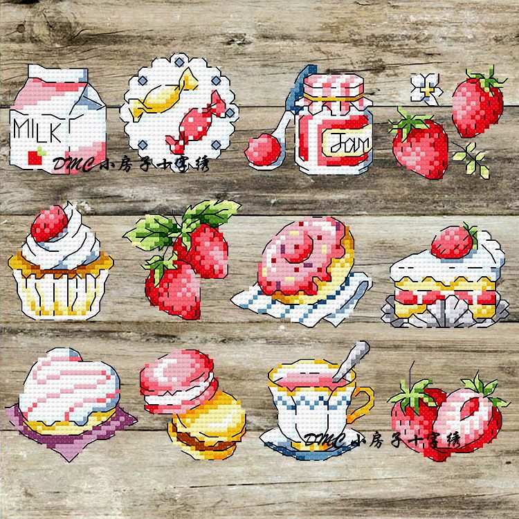 DMC十字绣 冰箱贴 DIY厨房塑料板 草莓巧克力食物 蛋糕甜点饮料
