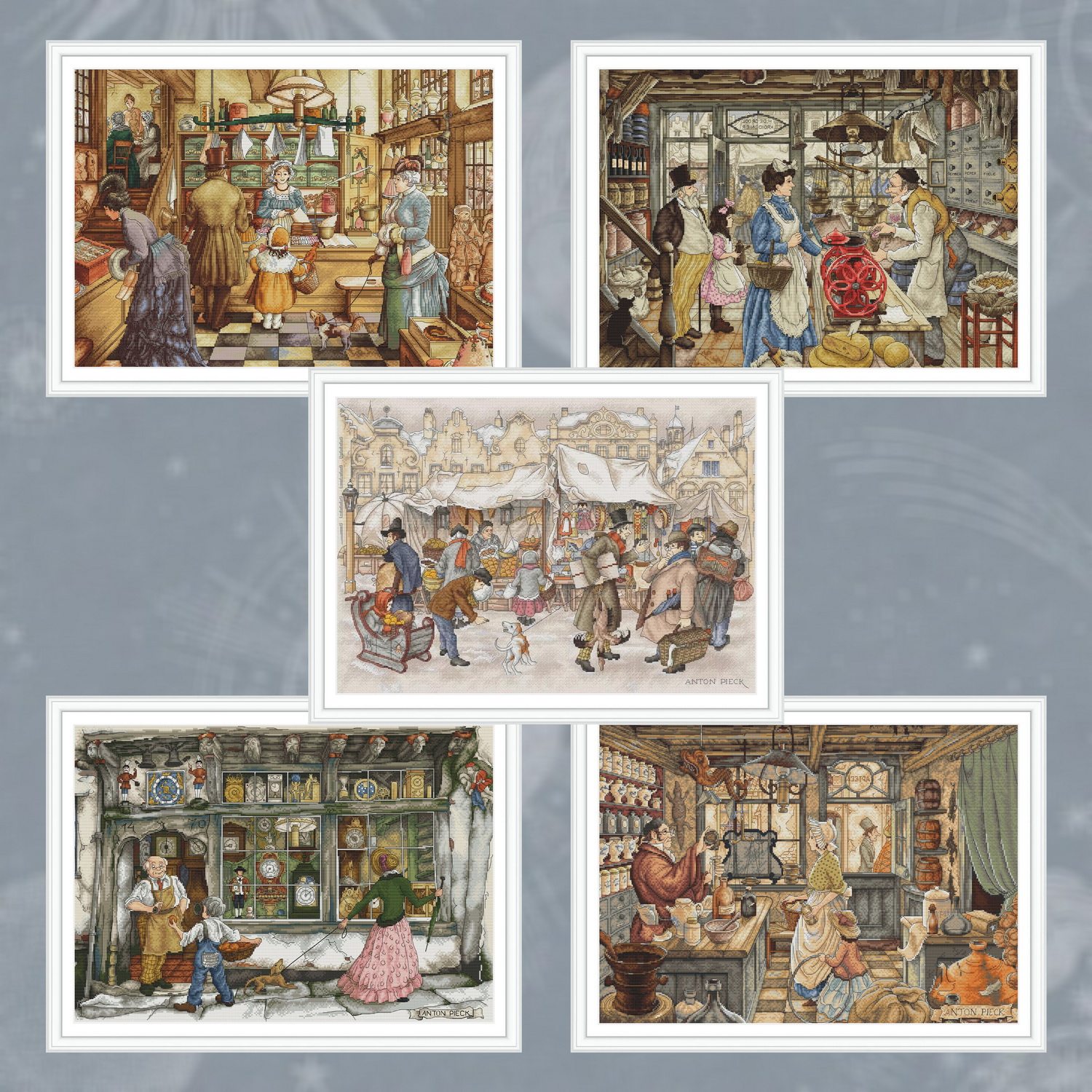 欧洲古董商店街 法国DMC线R线十字绣 印花saga药店钟表店杂货店