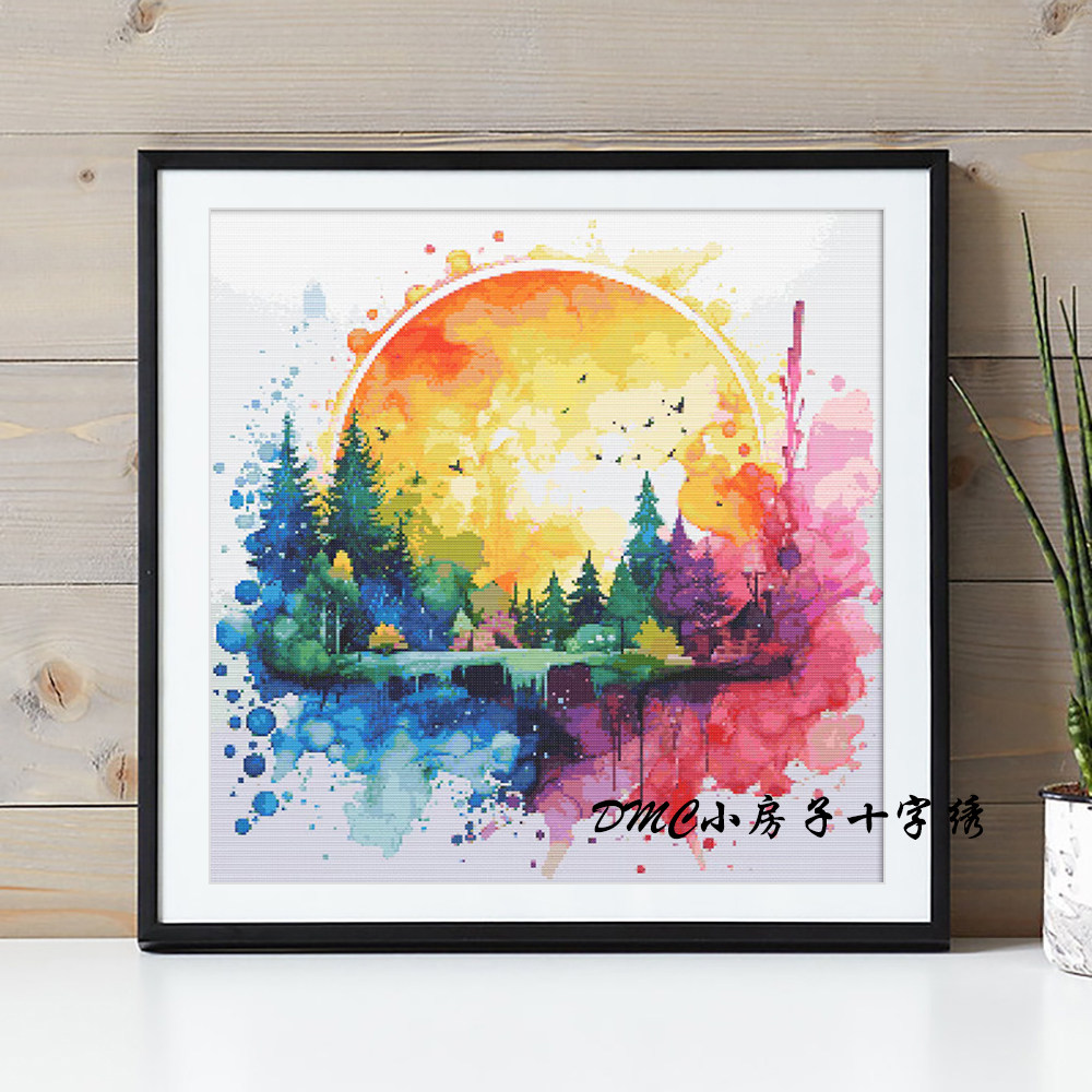 法国DMC线R线十字绣 水墨彩虹森林 满绣图现代saga印花客厅装饰画