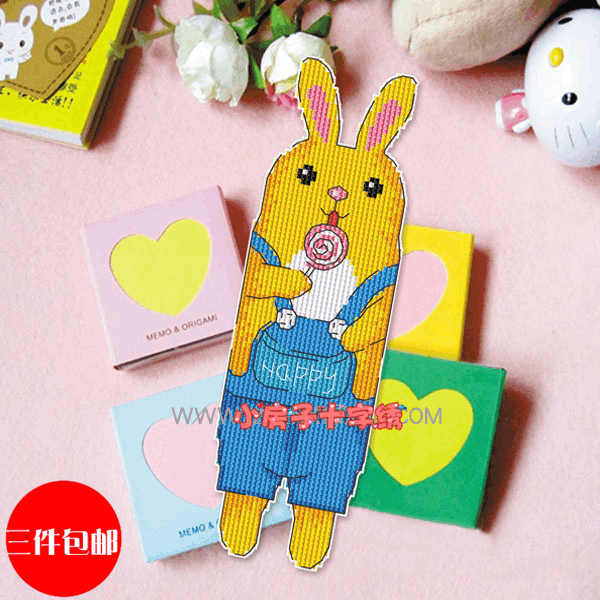 小房子十字绣 正品DMC-卡通进口书签-棒棒糖小兔 手工礼物