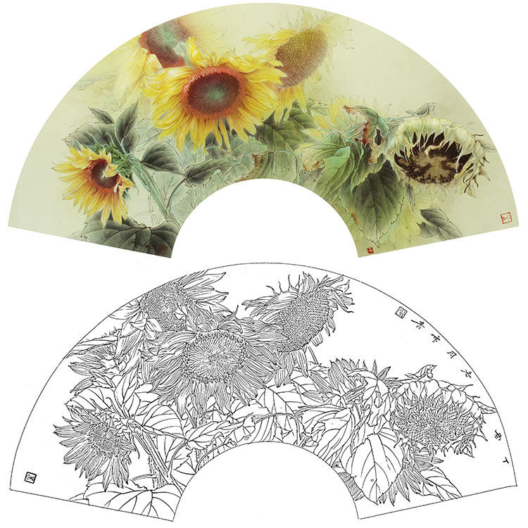 工笔画白描底稿实物勾线白纸打印稿龚雪青扇面向日葵xq19