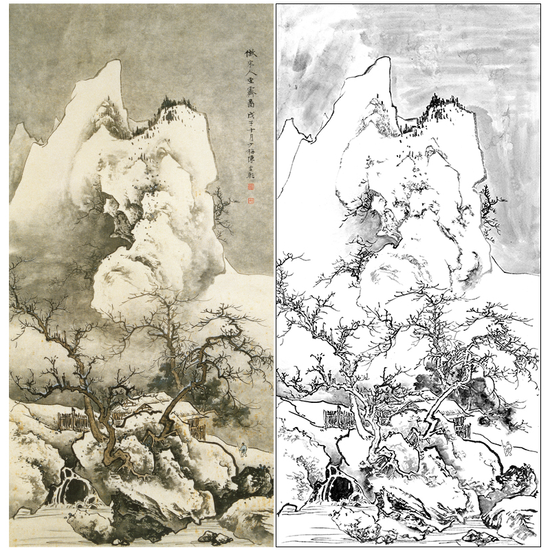 陈少梅竖幅工笔山水白描底稿《雪霁图》临摹勾线高清打印稿CR38