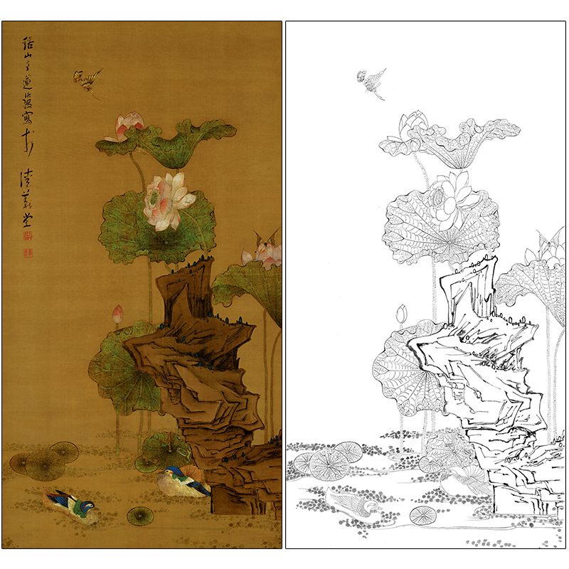 陈洪绶花鸟工笔画白描底稿《荷花鸳鸯图》临摹勾线高清打印稿MD03