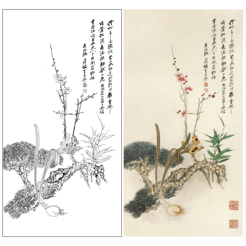 张大千竖幅工笔花鸟白描底稿竹叶《花开纳福》临摹高清打印稿QD32