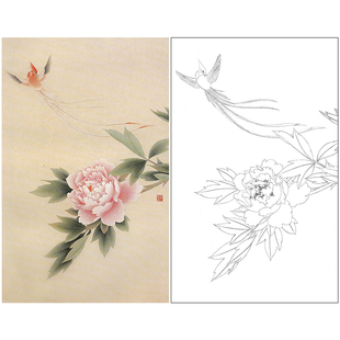 牡丹寿带 李长白竖幅工笔花鸟画白描底稿 LB12 无步骤