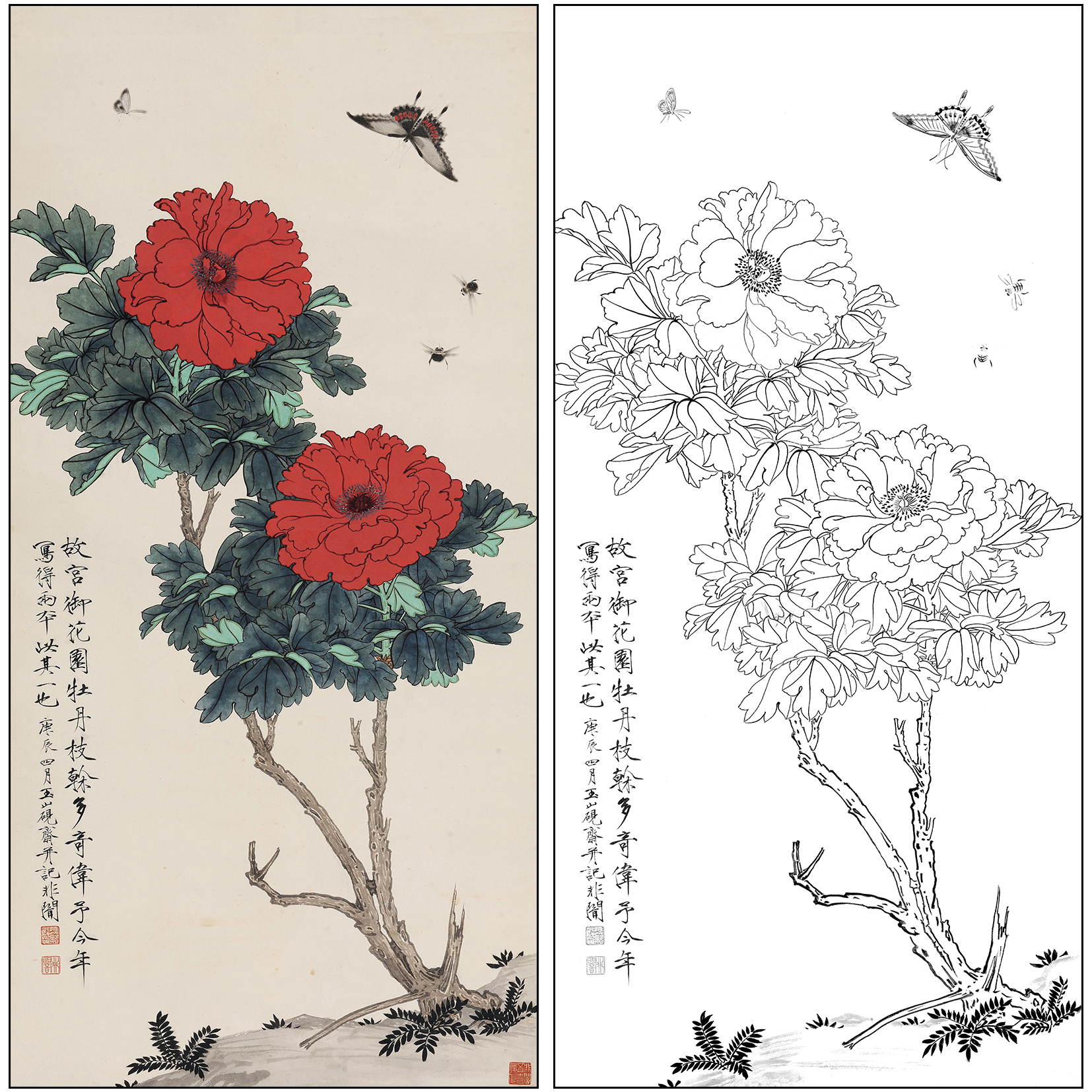 于非闇花鸟工笔画白描底稿《牡丹蝴蝶》临摹勾线高清打印稿FA18