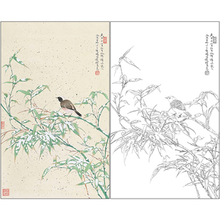 任重花鸟工笔画白描底稿《雪竹栖禽》临摹勾线高清打印稿RD59